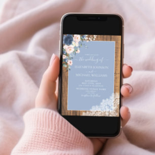 ダスティーエレガントブルー赤面素朴ウッドレース結婚ズ 招待状