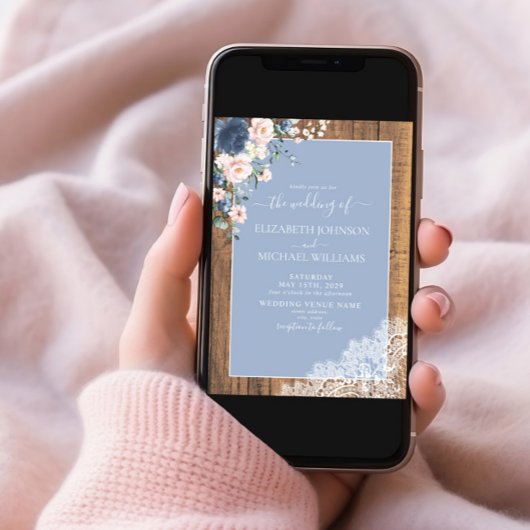 ダスティーエレガントブルー赤面素朴ウッドレース結婚ズ 招待状