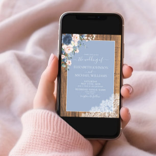 ダスティーエレガントブルー赤面素朴レースフォト結婚ズ 招待状