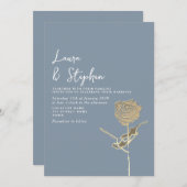 ダスティーエレガントブルー金ゴールドバラ結婚式招待状 招待状 (正面/裏面)