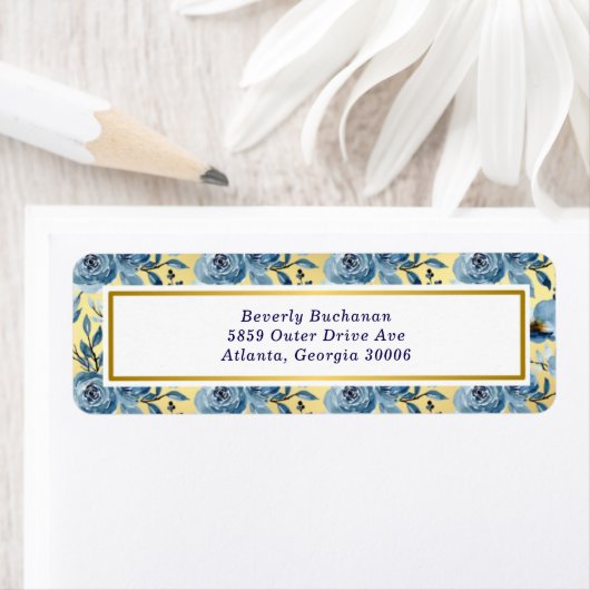 ダスティーエレガントブルー金ゴールドフローラバラ差出人住所 ラベル (インサイチュ)