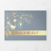 ダスティーエレガントブルー金ゴールドフローラ結婚ズ 三つ折り招待状 (カバー)