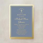 ダスティーエレガントブルー金ゴールド宗教十字洗礼 箔招待状