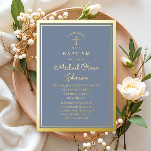 ダスティーエレガントブルー金ゴールド宗教十字洗礼 箔招待状