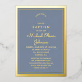 ダスティーエレガントブルー金ゴールド宗教十字洗礼 箔招待状 (正面)