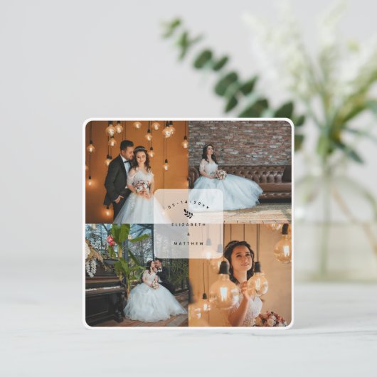 ダスティーエレガントブルー4フォトコラージュ結婚ズ サンキューカード (スタンド正面)