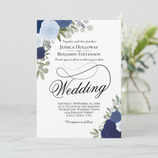 ダスティーエレガントブルー&ネイビー素朴フローラ結婚ズ 招待状 (スタンド正面)