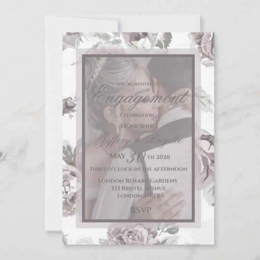 ダスティーエレガントモダンピンクローズフローラ婚約 案内状 (正面)