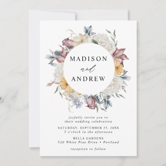 ダスティーエレガント・ブルーとメイヴ・ワイルドフラワー結婚ズ 招待状 (正面)