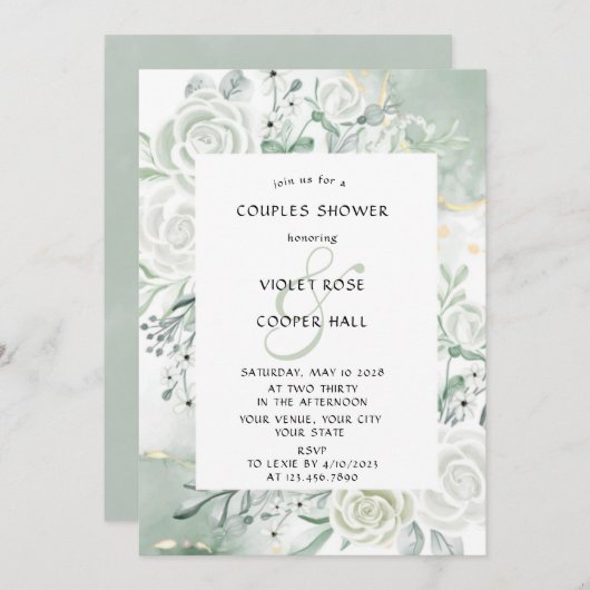 ダスティージュウォーター色のフローラカップルのシャワー 招待状 (正面/裏面)