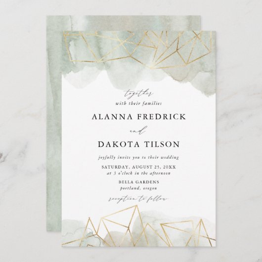 ダスティージュグリーンウォーター色金ゴールド幾何結婚の 招待状 (正面/裏面)