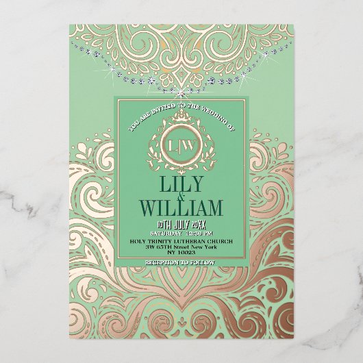 ダスティージュグリーンローズゴールドクラシックモノグラム結婚ズ 箔招待状 (正面)