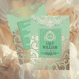 ダスティージュグリーンローズゴールドクラシックモノグラム結婚ズ 箔招待状