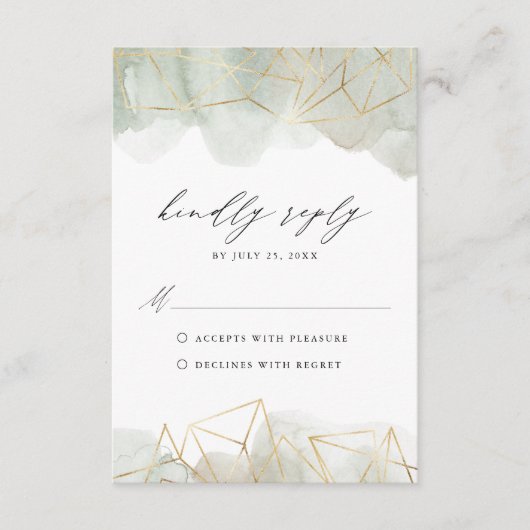 ダスティージージグリーンウォーター色ジオメトリックウェディングRSVP エンクロージャーカード (正面)