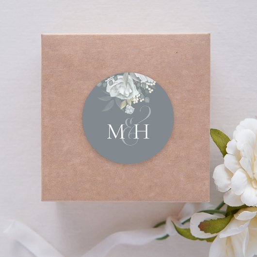 ダスティースタイリッシュブルーフローラモノグラシンプルムフラワー ラウンドシール