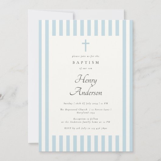 ダスティーストライプブルーエレガントバプティスボーイ招待状 招待状 (正面)
