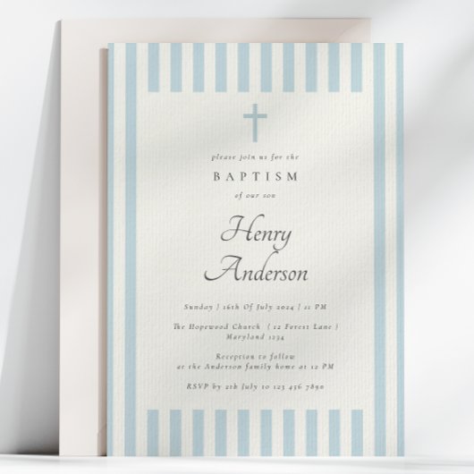 ダスティーストライプブルーエレガントバプティスボーイ招待状 招待状