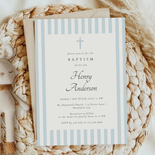 ダスティーストライプブルーエレガントバプティスボーイ招待状 招待状