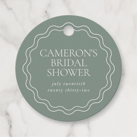 ダスティーセイジ | ウェーブ スカロップ ボーダー ブライダルシャワー フェイバータグ (正面)