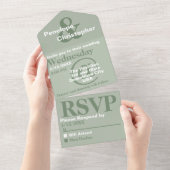 ダスティーセージ モダン タイポグラフィー ビッグ シンボル ウェディング オールインワン招待状 (貼ってはがせる)