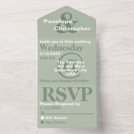 ダスティーセージ モダン タイポグラフィー ビッグ シンボル ウェディング オールインワン招待状