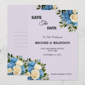 ダスティーパーソナライズされたブルーとアイボリーフローラ セーブザデート (正面/裏面)