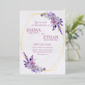 ダスティーパープルの花の幾何学的なウェディング 箔招待状 (立ち正面)