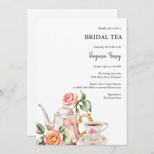 ダスティービクトリアンブルーガーデンティーブライダルシャワー 招待状 (正面/裏面)