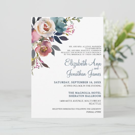 ダスティーフォーマルブルーシャンパンワインフローラ結婚ズ 招待状 (スタンド正面)