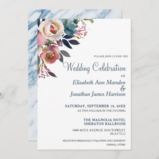 ダスティーフォーマルブルーシャンパンワインフローラ結婚ズ 招待状 (正面/裏面)