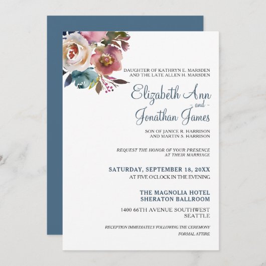 ダスティーフォーマルブルーシャンパンワインフローラ結婚ズ 招待状 (正面/裏面)