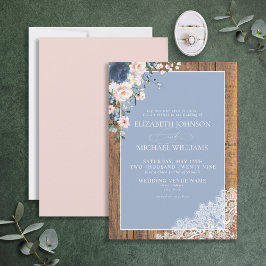 ダスティーフォーマルブルー赤面素朴ウッドレース結婚ズ 招待状
