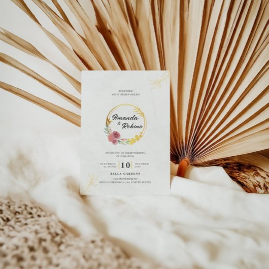 ダスティーフラワーピンクとゴールドのウェディング 招待状