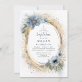 ダスティーブルーとゴールドのグリッター洗礼 招待状 (正面)