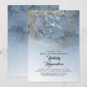 ダスティーブルーとゴールドのモダンエレガント ブライダルシャワー 招待状 (正面/裏面)