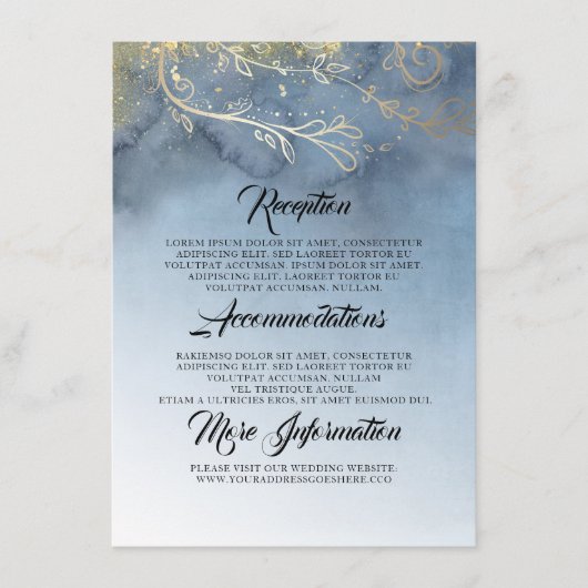 ダスティーブルーとゴールドの結婚式情報 エンクロージャーカード (正面)