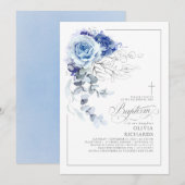 ダスティーブルーとシルバーの花のエレガントな洗礼 招待状 (正面/裏面)