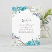 ダスティーブルーとターコイズの花柄 シップアンドシー 招待状 (スタンド正面)