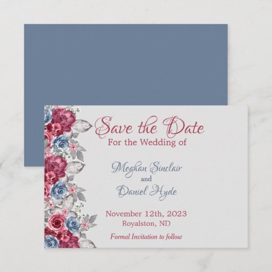 ダスティーブルーとディープバーガンディの花 セーブザデート (正面/裏面)