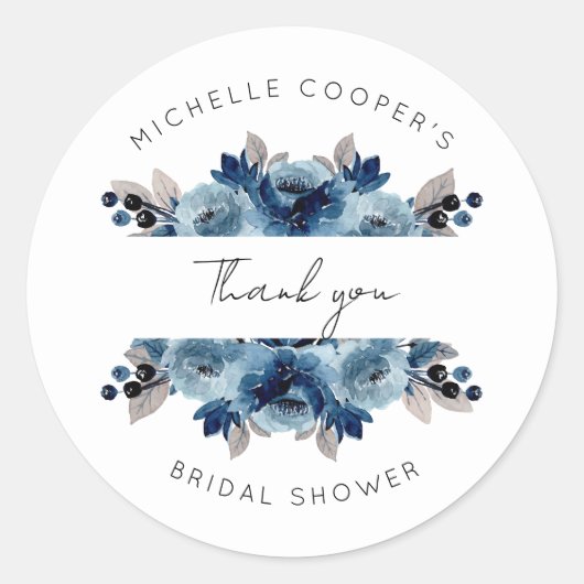 ダスティーブルーとネイビーの花の感謝 ラウンドシール (正面)