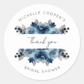 ダスティーブルーとネイビーの花柄の感謝カード ラウンドシール (正面)
