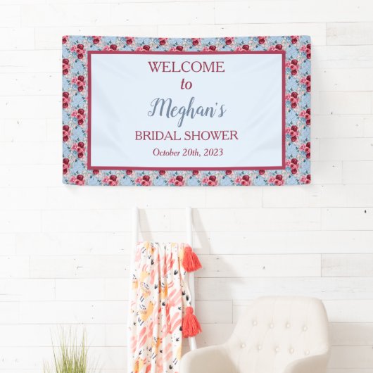 ダスティーブルーとバーガンディーのウェディングシャワーのお客様歓迎 横断幕 (インサイチュ)