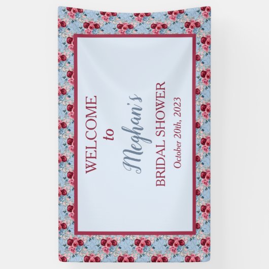 ダスティーブルーとバーガンディーのウェディングシャワーのお客様歓迎 横断幕 (縦)