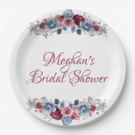 ダスティーブルーとバーガンディーのブライダルシャワー ペーパープレート