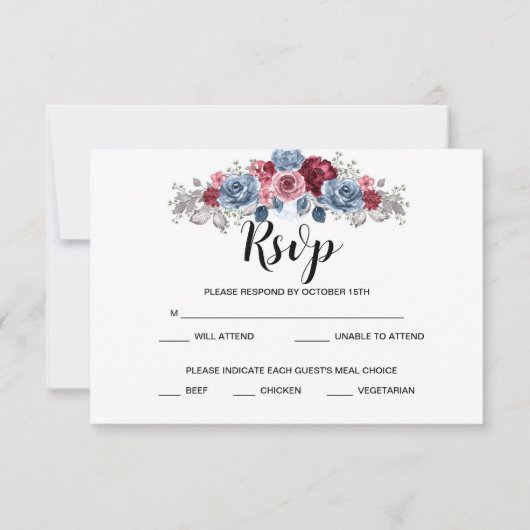 ダスティーブルーとバーガンディーの結婚式　出欠確認 出欠カード (正面)