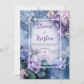 ダスティーブルーとパープルフローラ結婚式招待状 招待状 (正面)