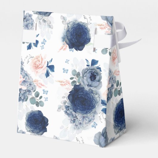 ダスティーブルーとピンクの花のウェディング フェイバーボックス (裏面サイド)