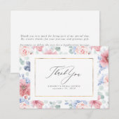ダスティーブルーとピンクの花のエレガントな小さな感謝カード サンキューカード (正面/裏面)