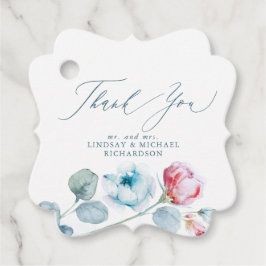 ダスティーブルーとピンクの花 エレガントなウェディングサンクス フェイバータグ