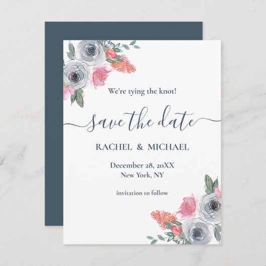 ダスティーブルーとフラッシュピンクの水彩花柄のウェディング セーブザデート (正面/裏面)